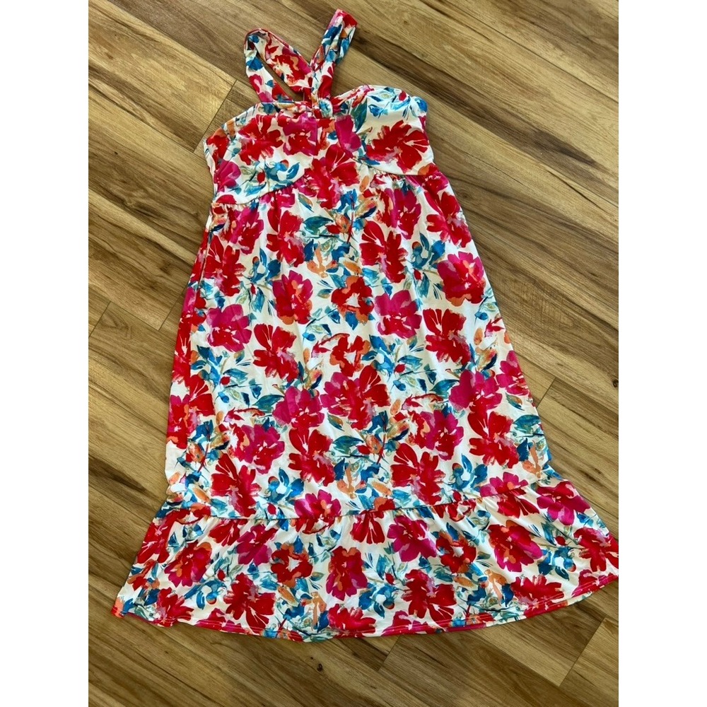 Grace Karin Halter Dress Wm 2XL Floral Ruffle Hem Midi Pocket Boho Cottage Chic